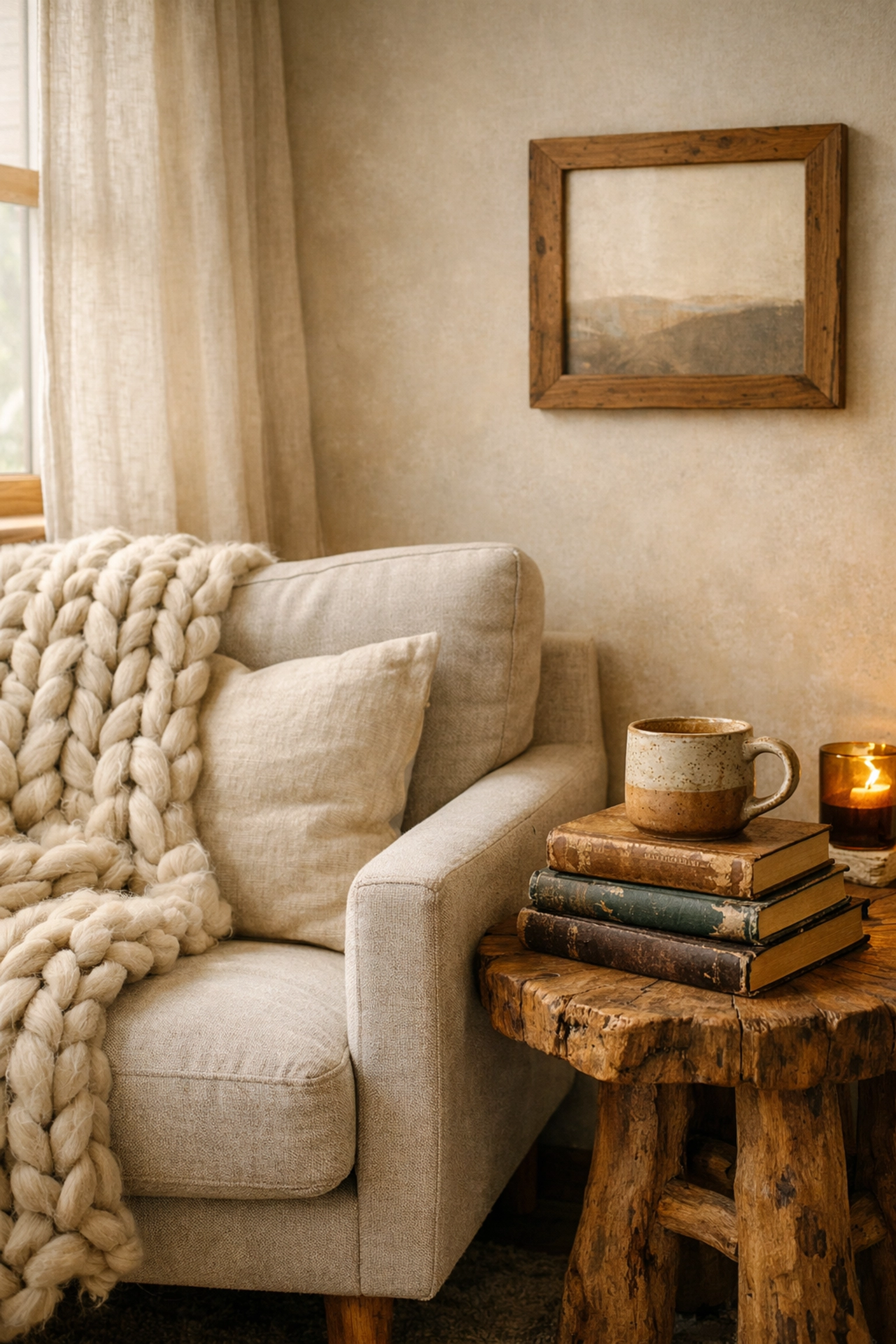 Cozy living room nook featuring an armchair, wool throw, and rustic artisan side table with vintage books.