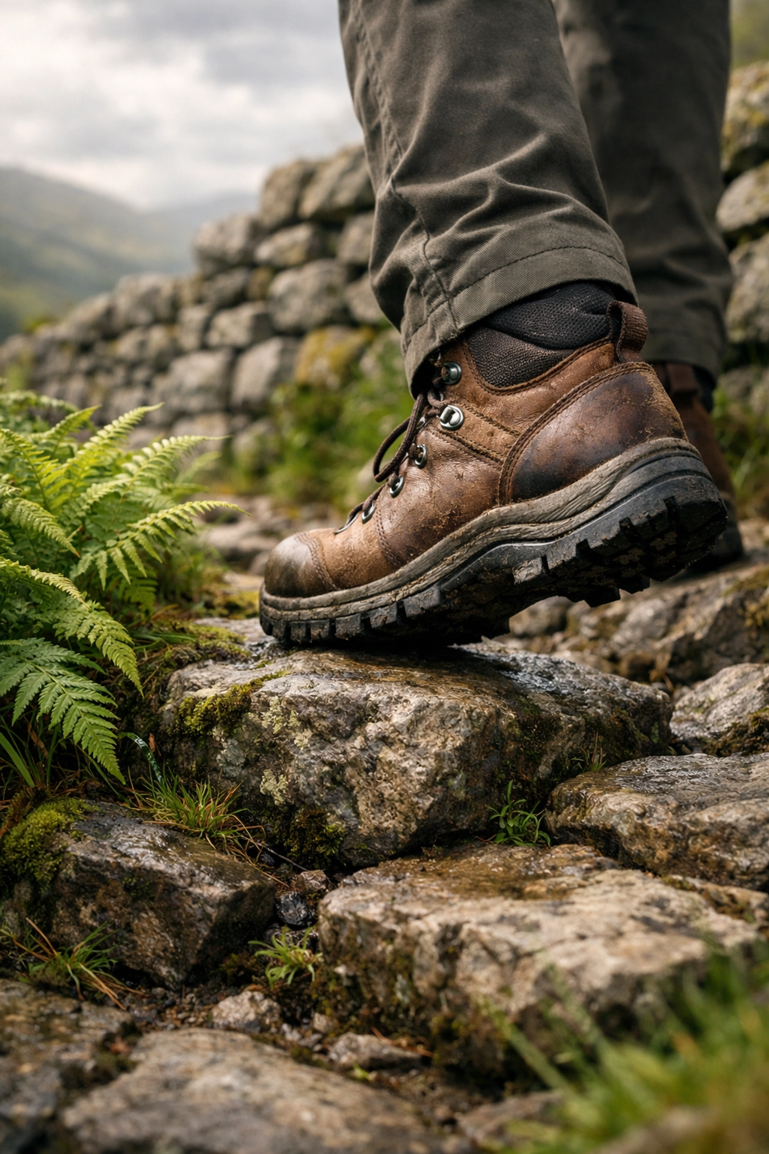 Close-up of hiking boots on a rugged trail, ready for adventurous guided hiking tours UK.