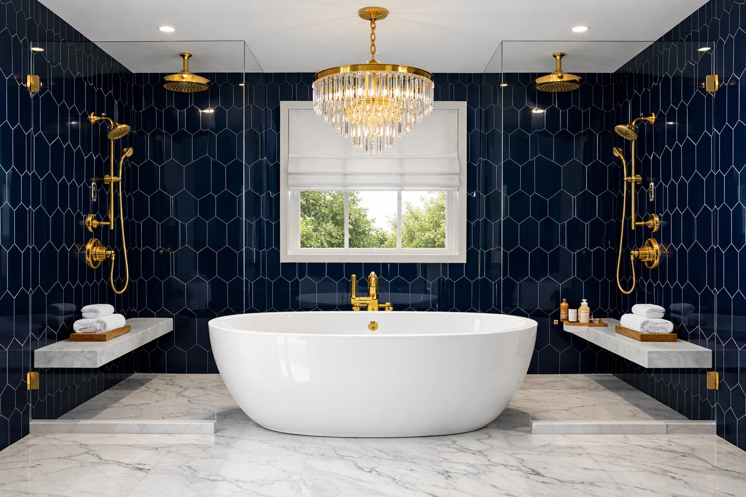Modern blue tile bathroom after professional post-construction cleaning services near me.