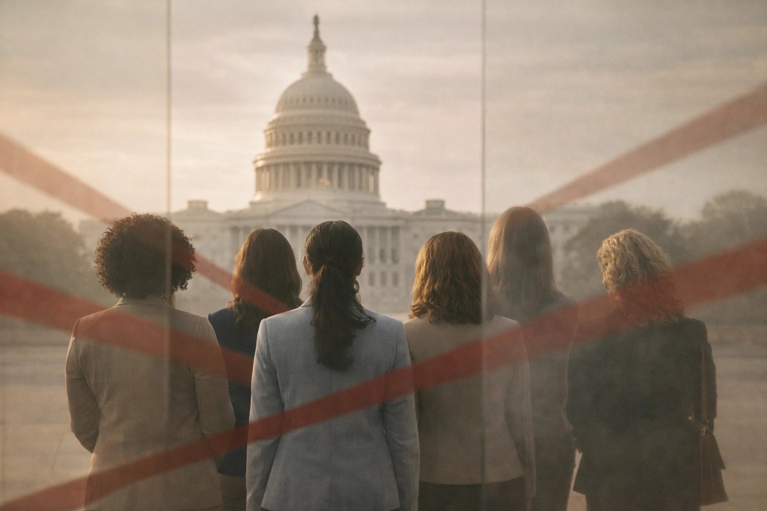 [HERO] Women facing the U.S. Capitol with subtle barriers in the foreground, representing systemic forces holding women back