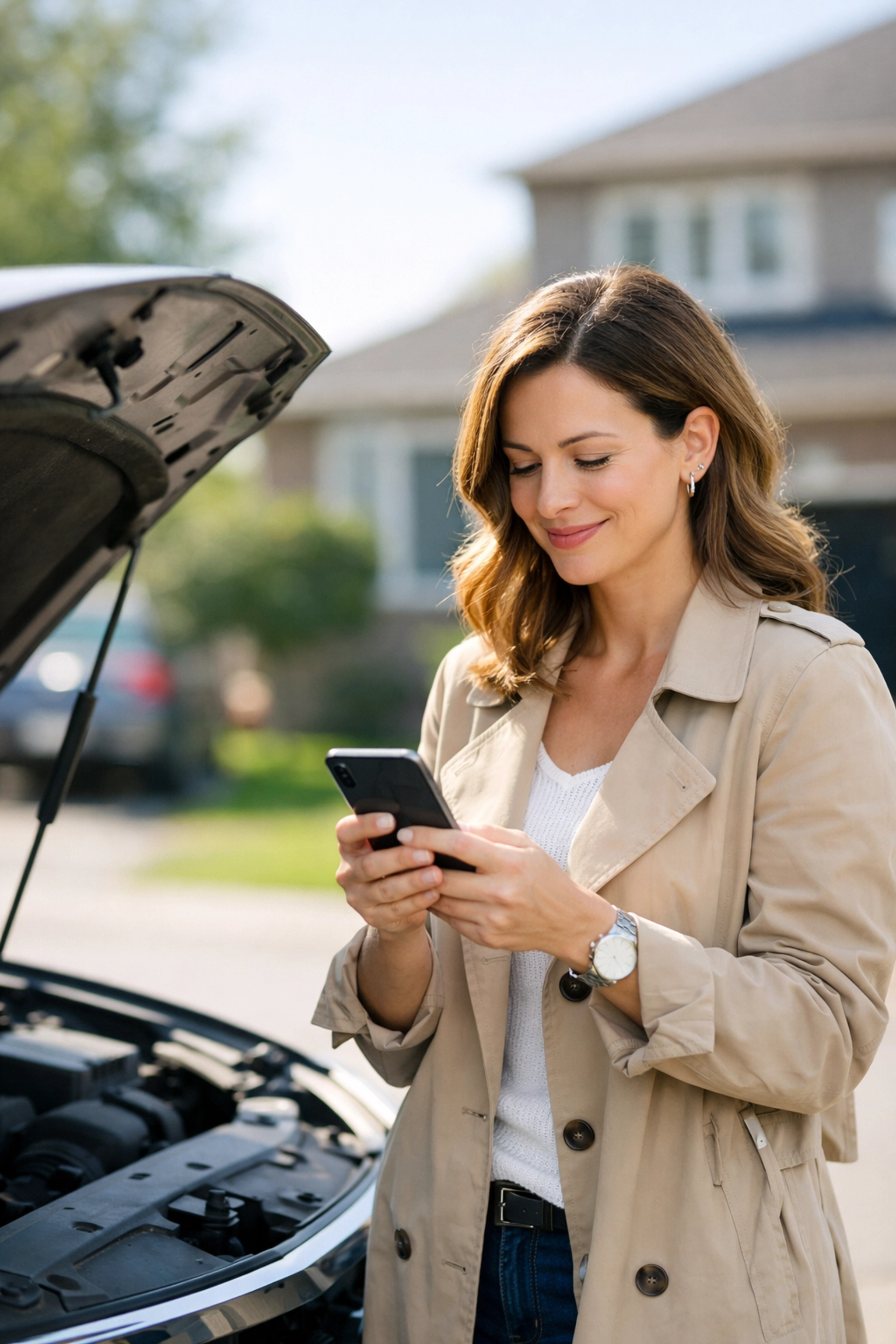 Femme sereine gérant une urgence auto grâce à un prêt sans enquête de crédit pour mauvais crédit.