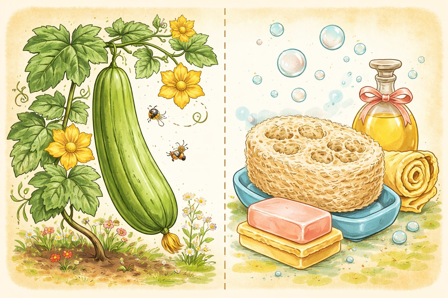 Illustration of a loofah gourd growing on a vine and turned into a natural bath sponge, showing the plant-to-sponge process.