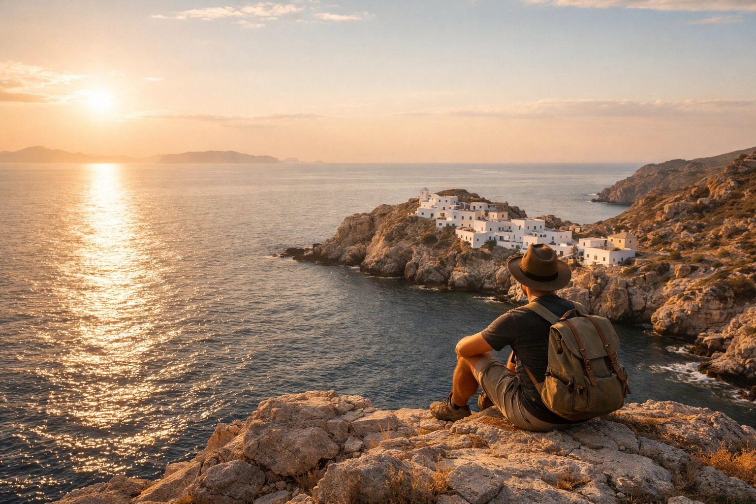 A lone traveler sits on a sun-drenched cliff overlooking a peaceful coastal village and the ocean.