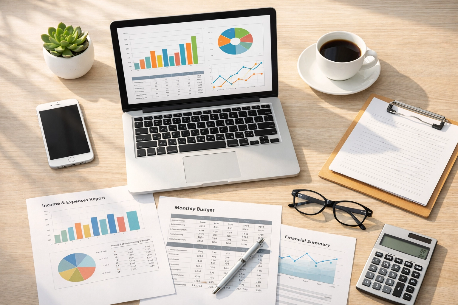 Business owner reviewing quarterly financial reports and tax estimates on laptop