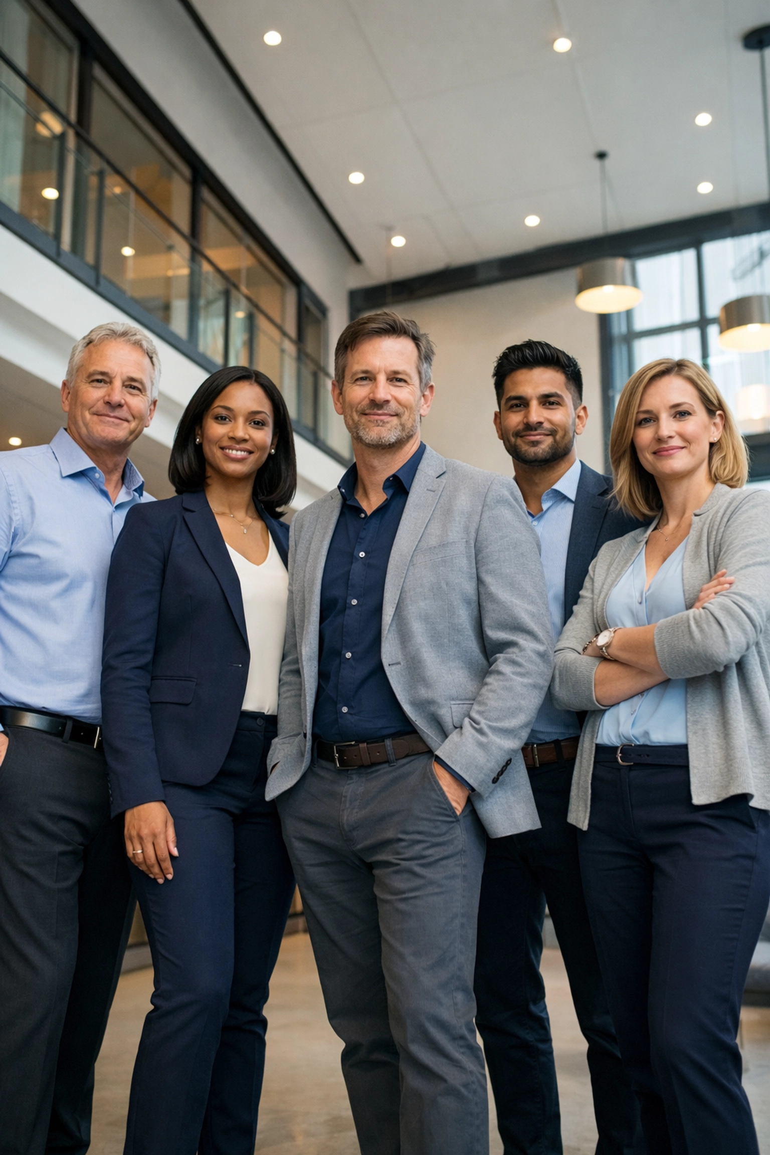 A diverse team of corporate professionals posing for high-quality group headshots in an office.