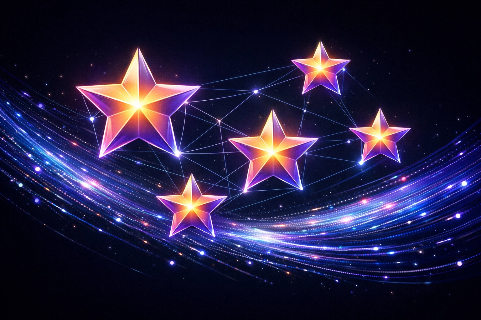 Five glowing stars connected by light streaks representing digital reviews and AI search reputation.