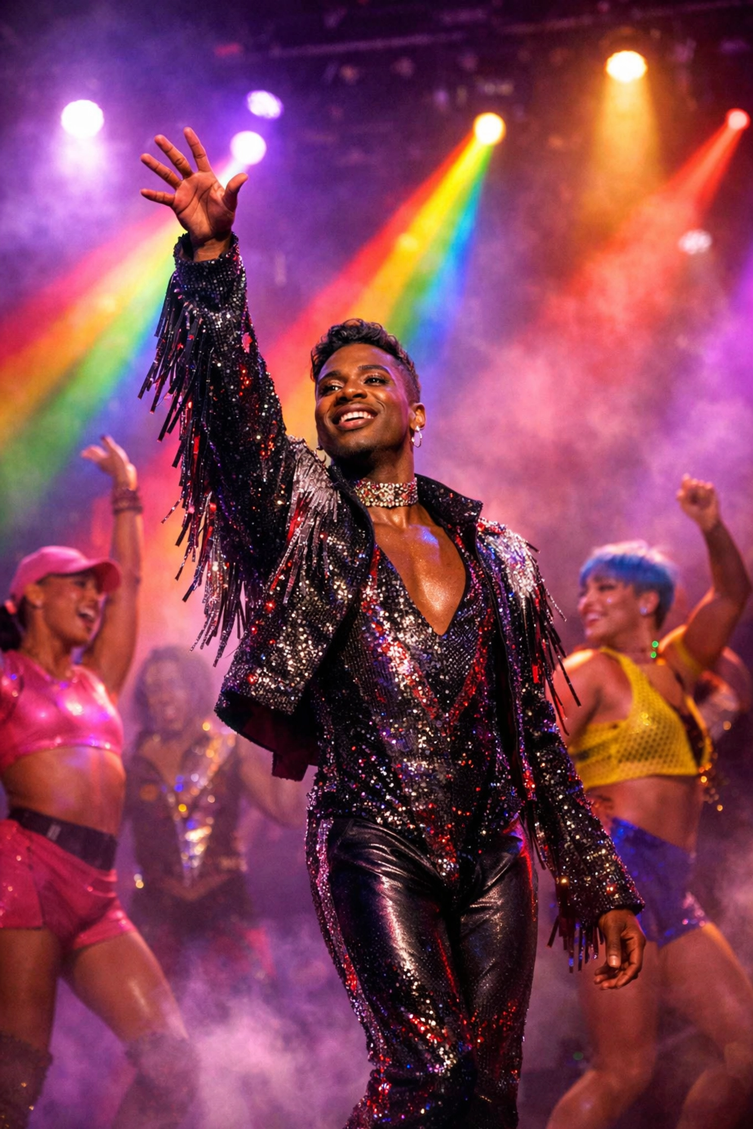 Black queer performer on stage celebrating LGBTQ+ visibility with rainbow lights and dancers