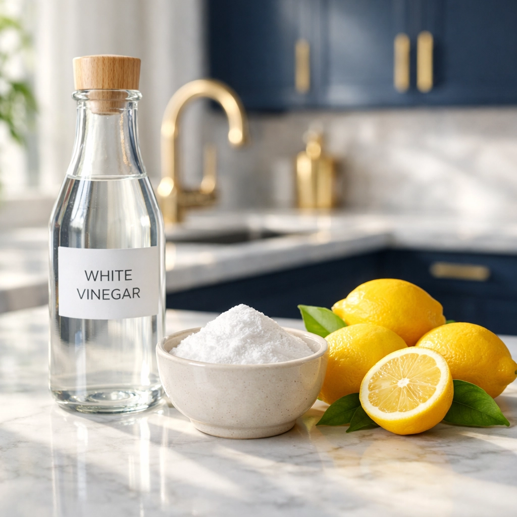 Eco-friendly cleaning solutions using lemons, baking soda, and vinegar in a modern kitchen.
