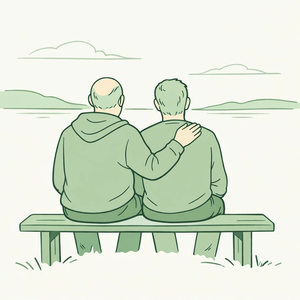 Middle-aged men sitting together, showing the quiet support and wisdom of coming out later in life.