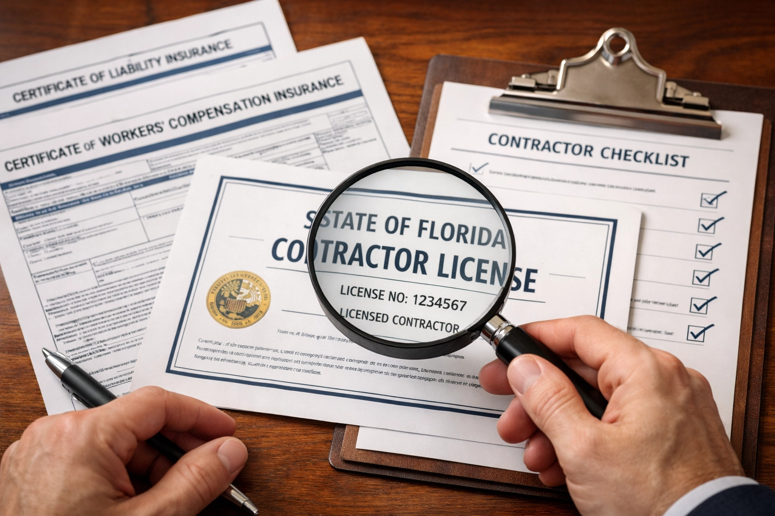 Florida contractor license and insurance documents being reviewed for credential verification