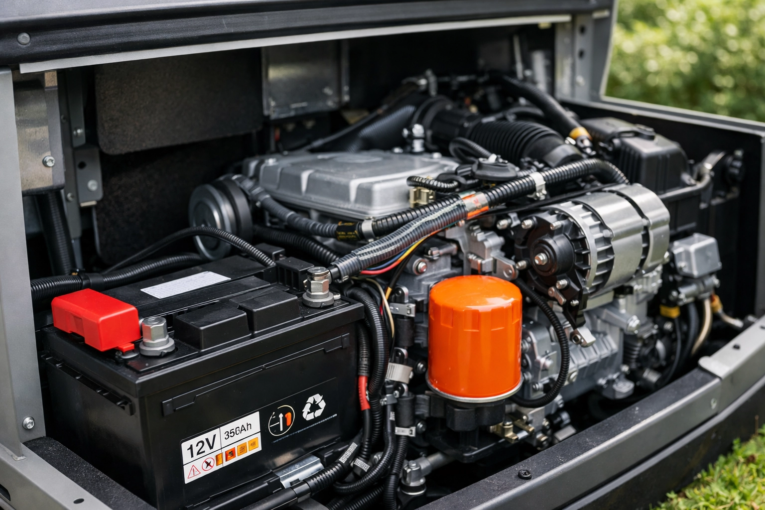 Internal view of a whole house generator in Atlanta showing the battery and filters during routine maintenance.