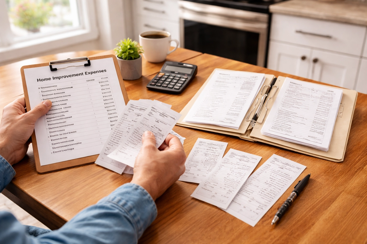 Homeowner organizing receipts and documents for real estate appraisal in a modern Atlanta kitchen