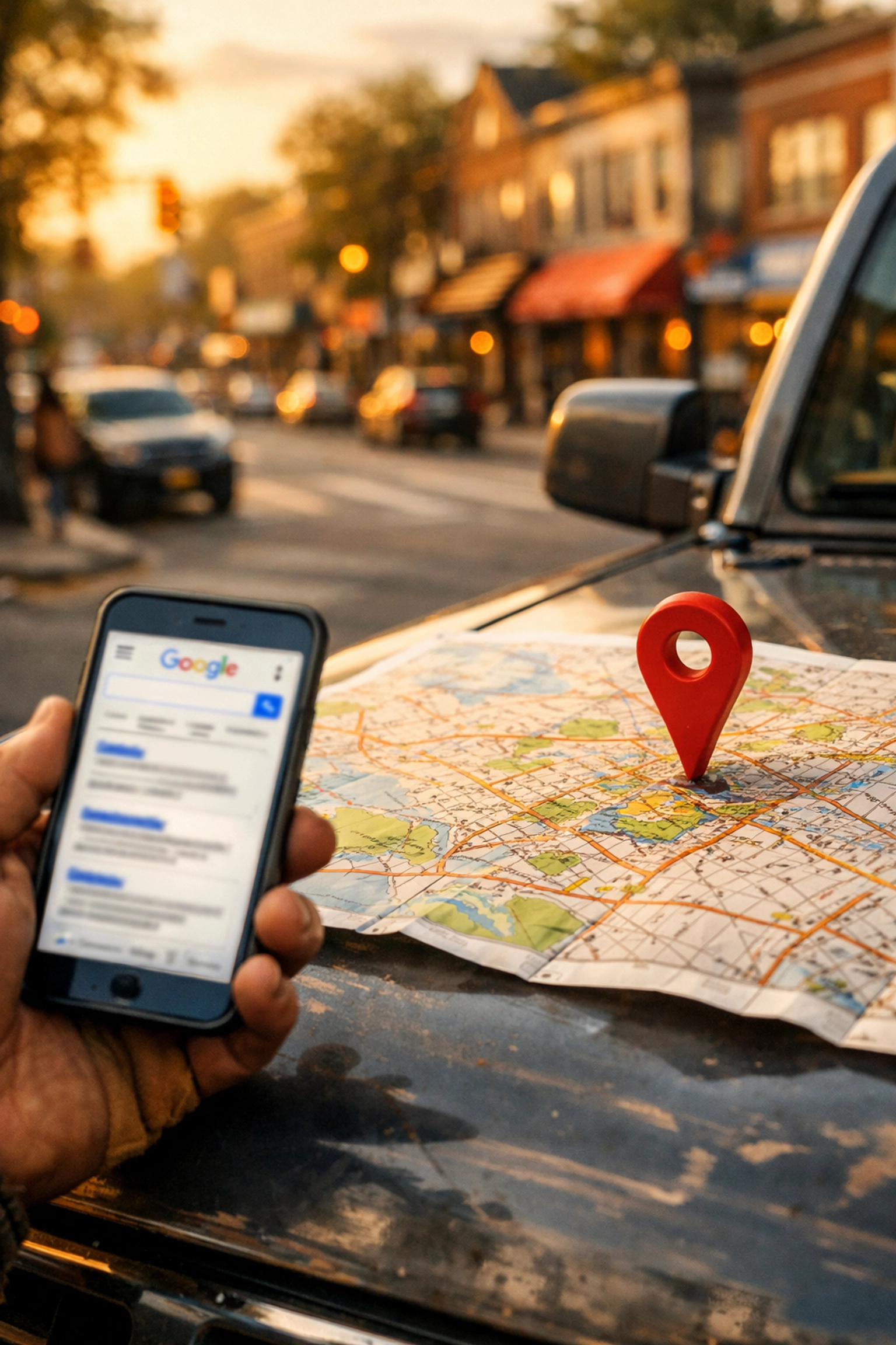 Contractor searching for local seo services on a smartphone near a map of a neighborhood.
