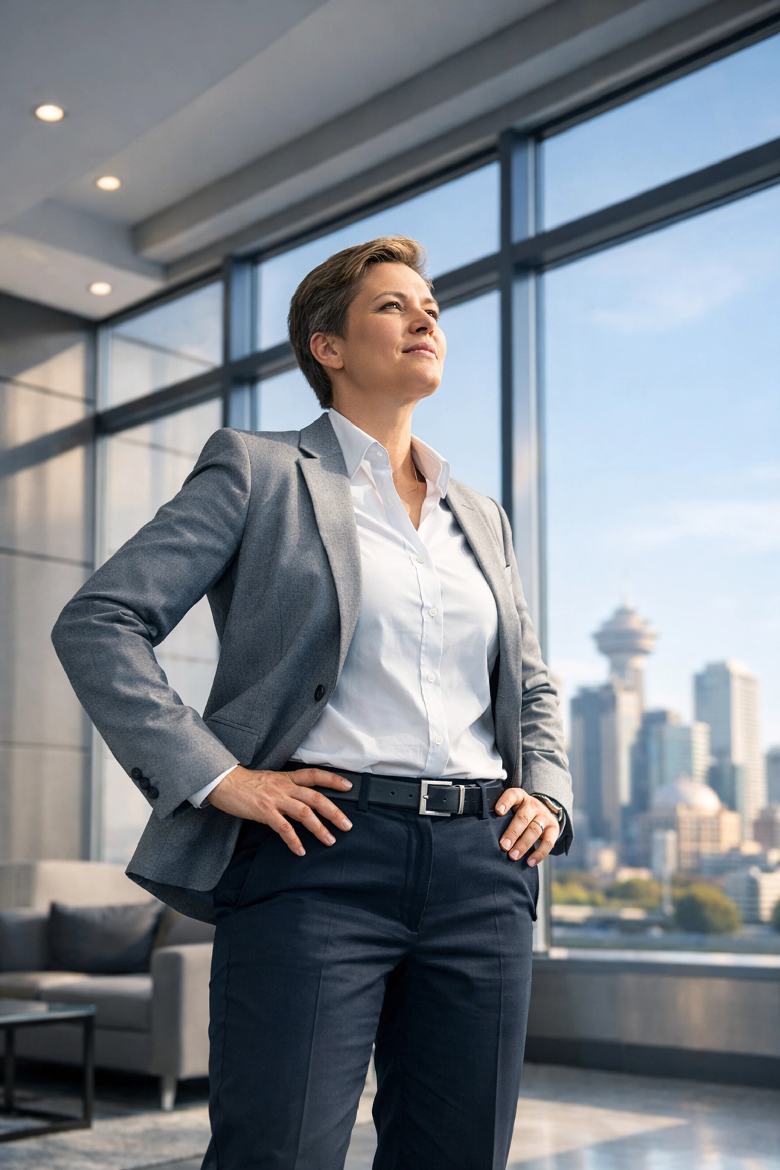 Confident business leader viewing a city skyline, symbolizing local market authority and vision.