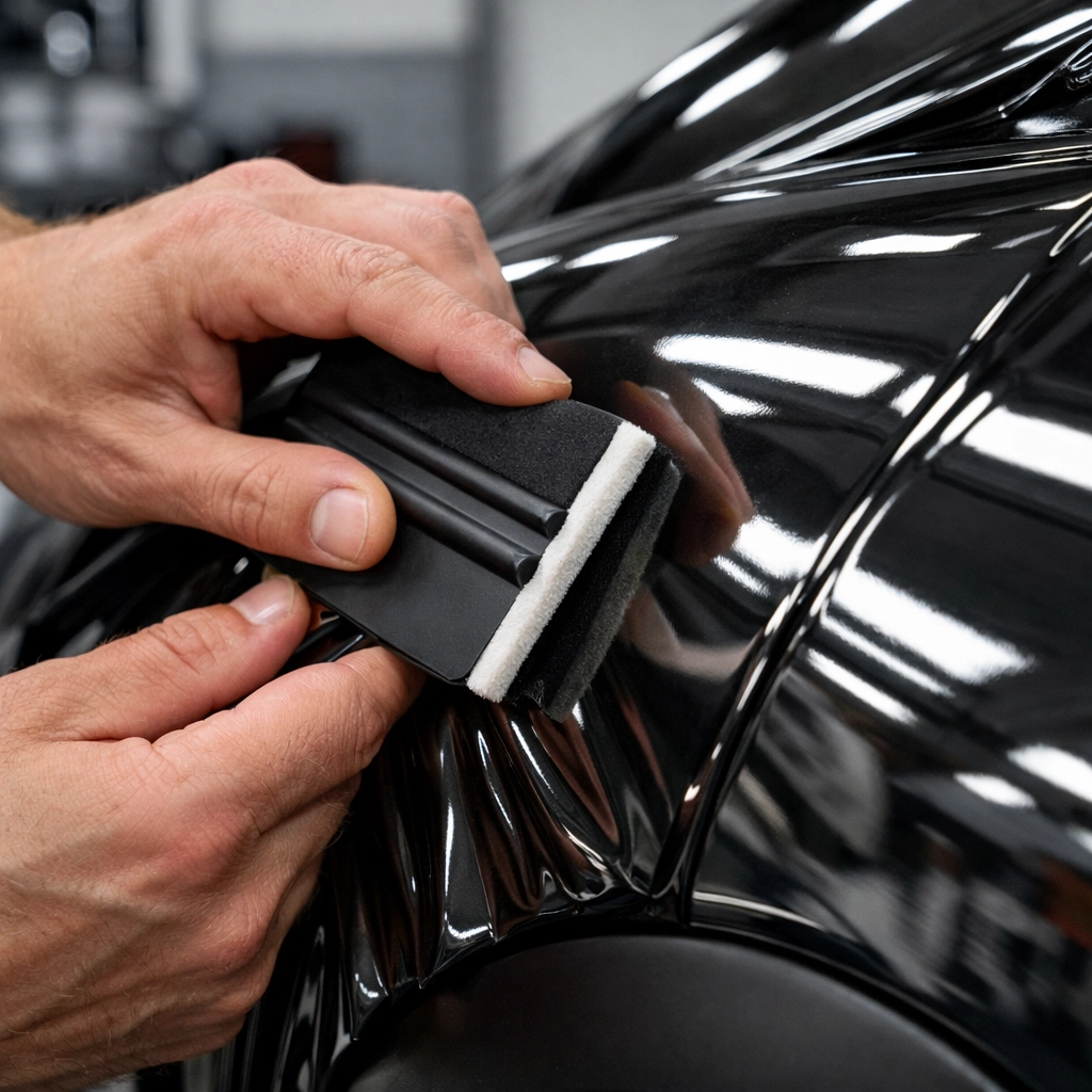 Professional installer applying a vinyl wrap to a vehicle body for a smooth, bubble-free finish.