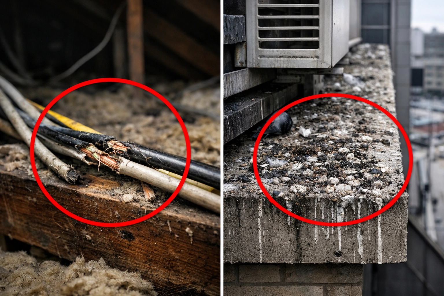 Pest damage from rodents and pigeons requiring professional pest control services