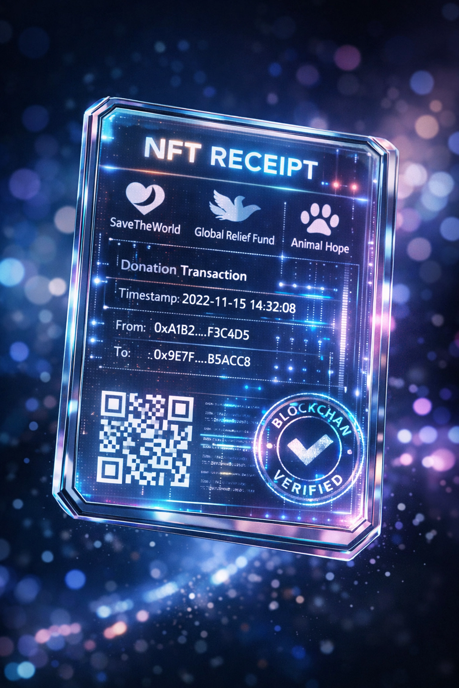 NFT receipt displaying blockchain-verified charitable contribution and transaction details