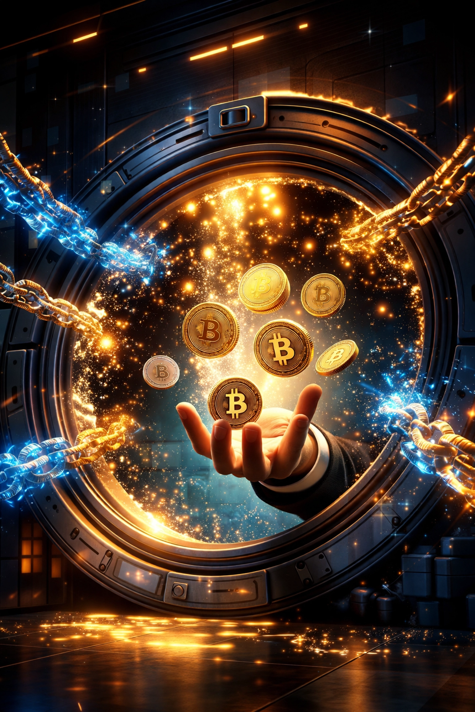 A merchant unlocks a digital vault with blockchain chains breaking, representing self-custody and crypto control for Web3 global payments.