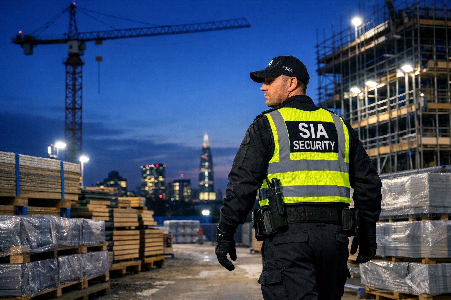 SIA security guard performing a perimeter patrol at a London construction site to prevent unauthorized access.