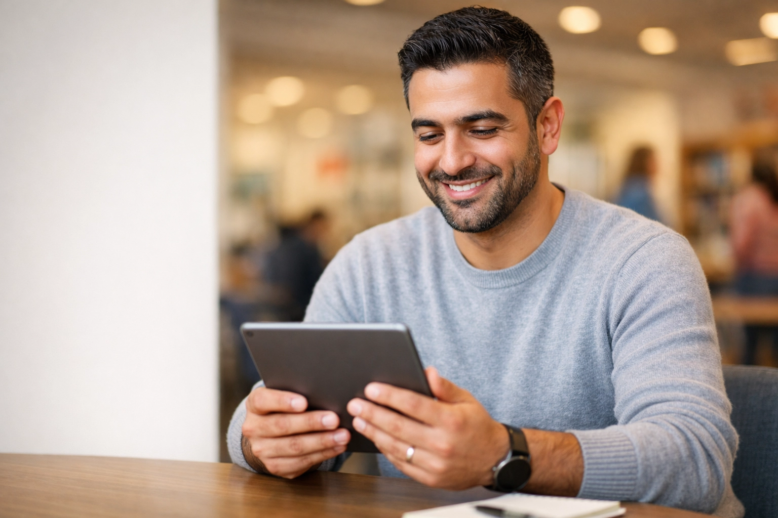 A nonprofit leader smiling while reviewing simplified federal audit requirements on a digital tablet.