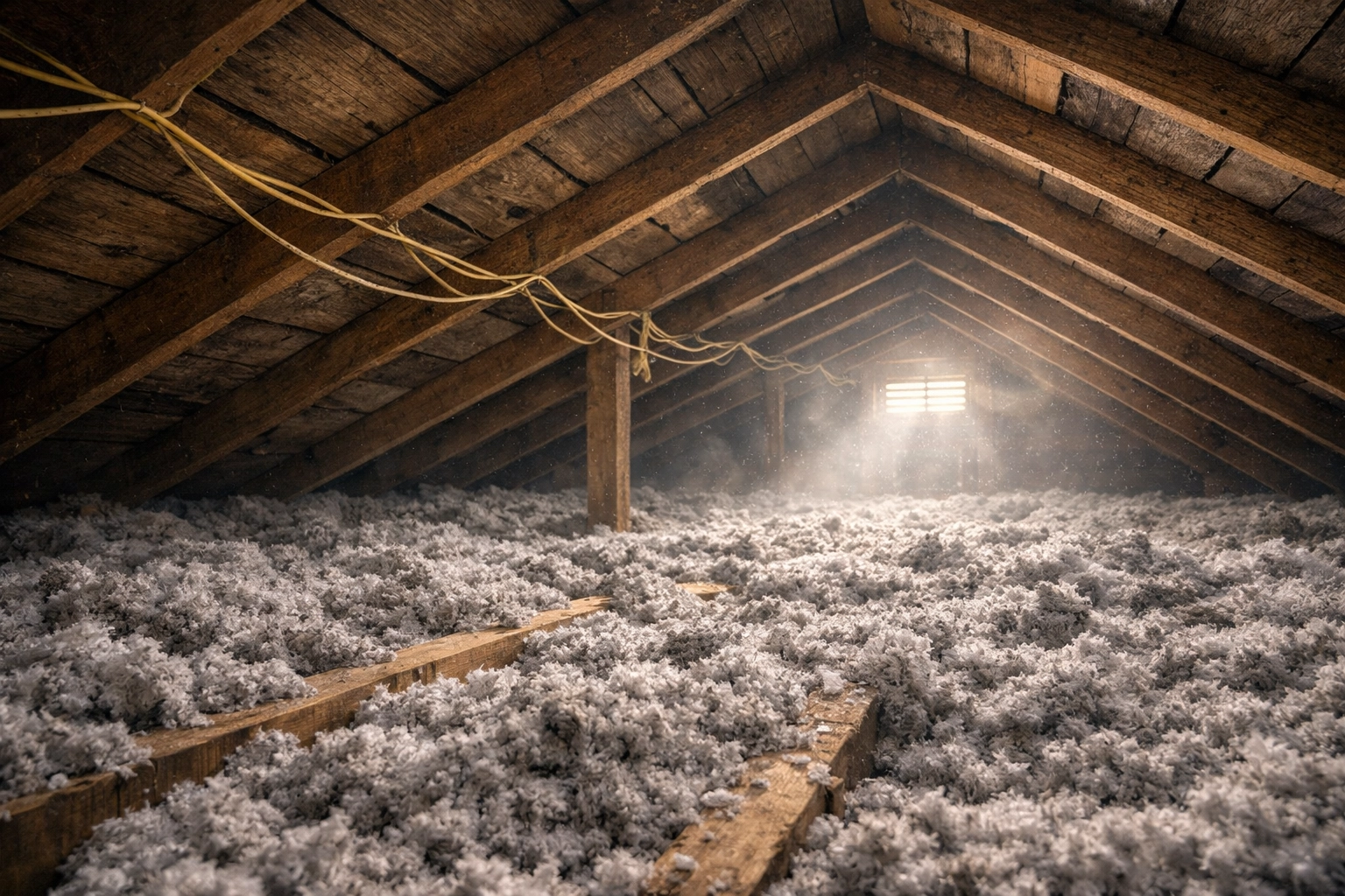 Electrical wiring and insulation in a Southern Louisiana attic, showing potential winter moisture and fire hazards.