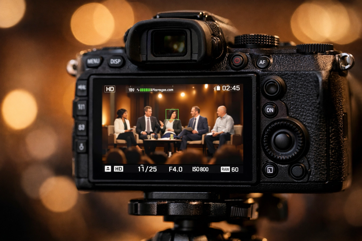 Detailed view of a conference photography camera screen capturing a professional panel discussion.