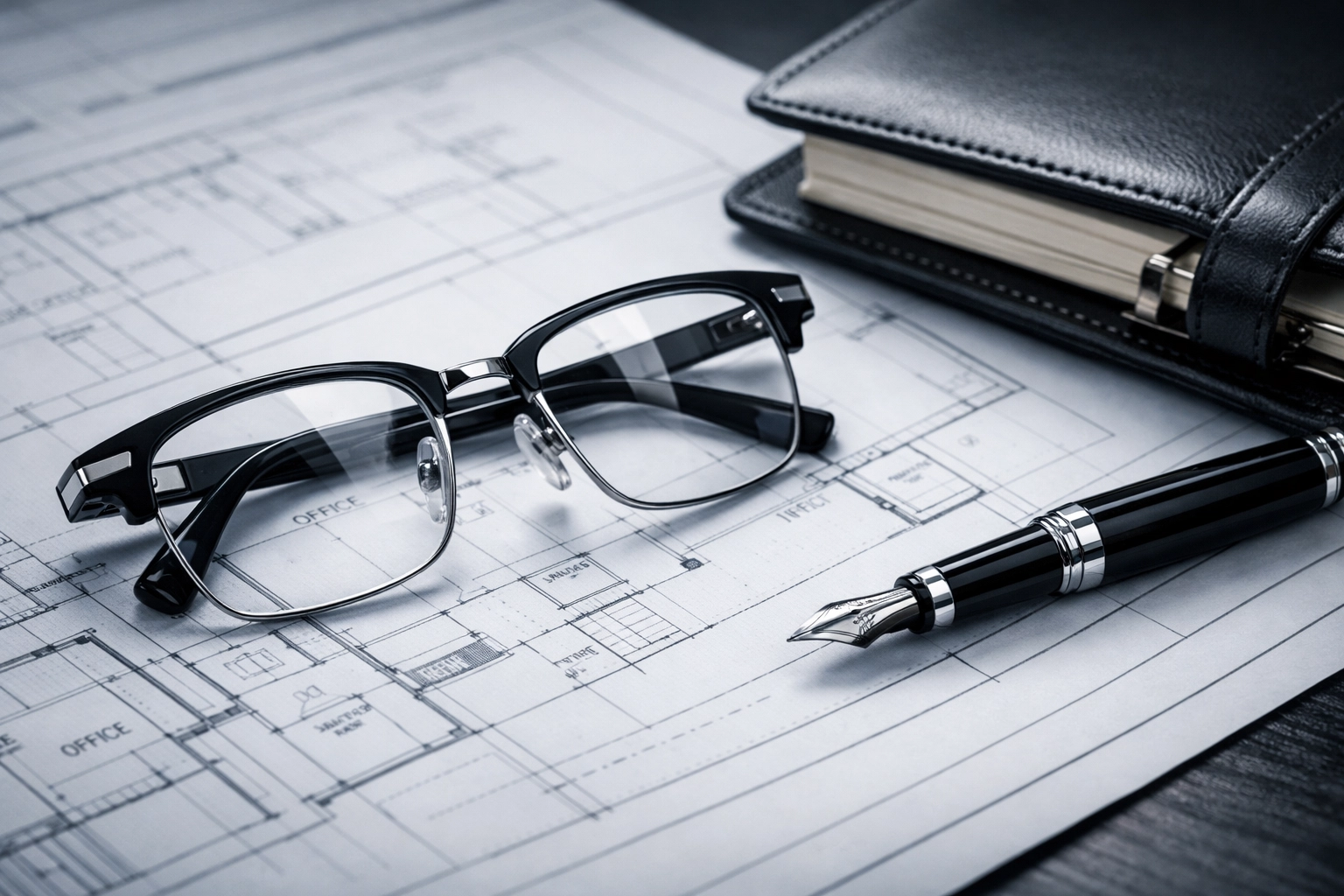 Glasses and a pen on blueprints representing the due diligence process during a business brokerage sale.