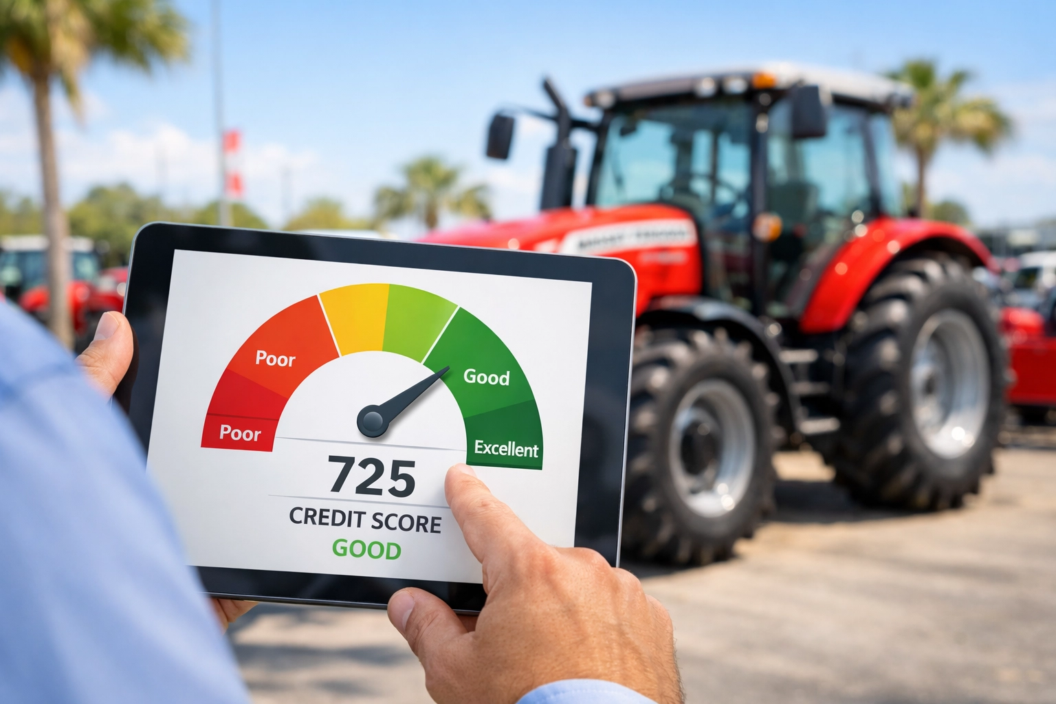 Credit score gauge showing financing factors for tractor purchases in Florida