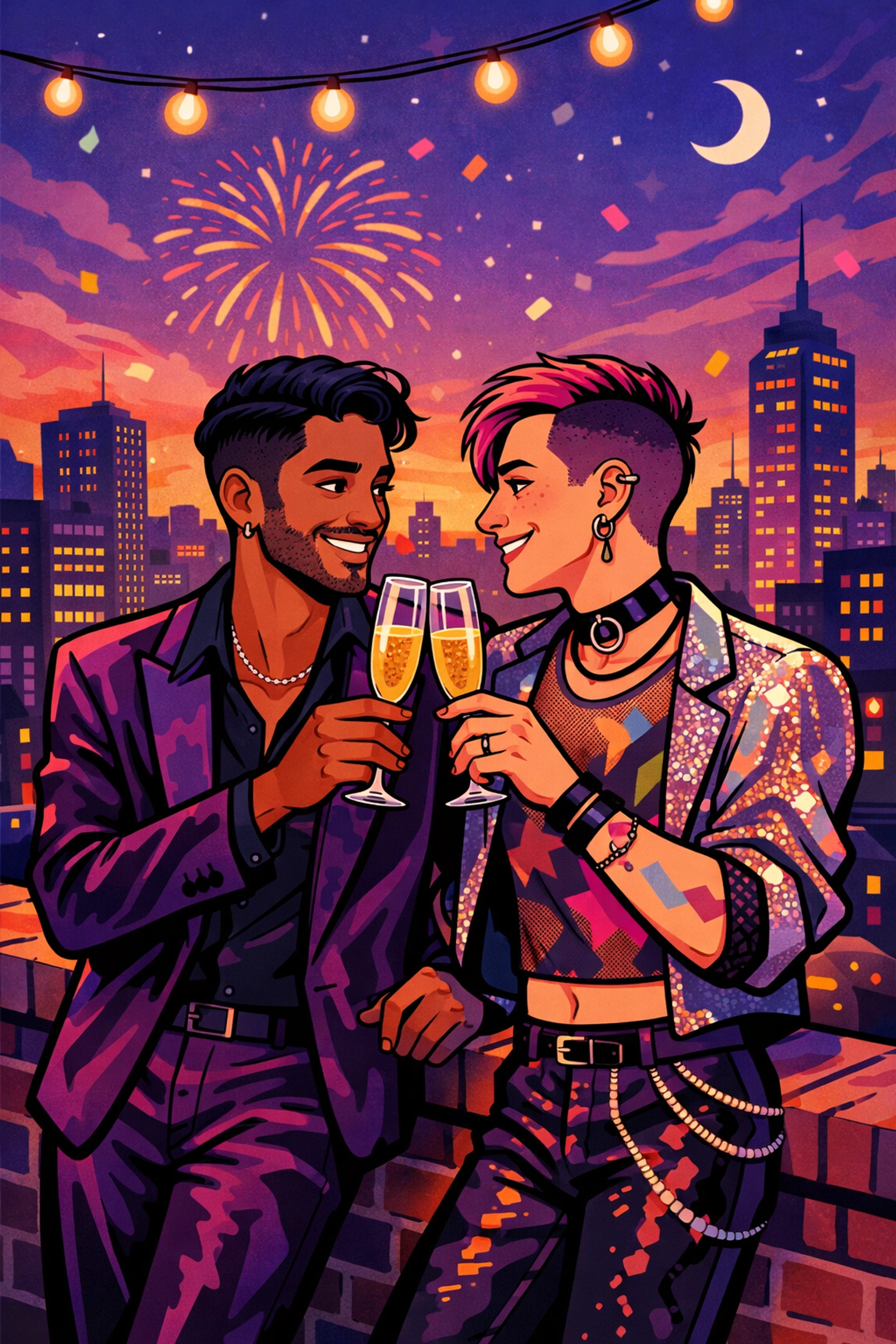 A diverse gay couple celebrates a unique relationship milestone on a city rooftop at sunset, embracing authentic queer love.
