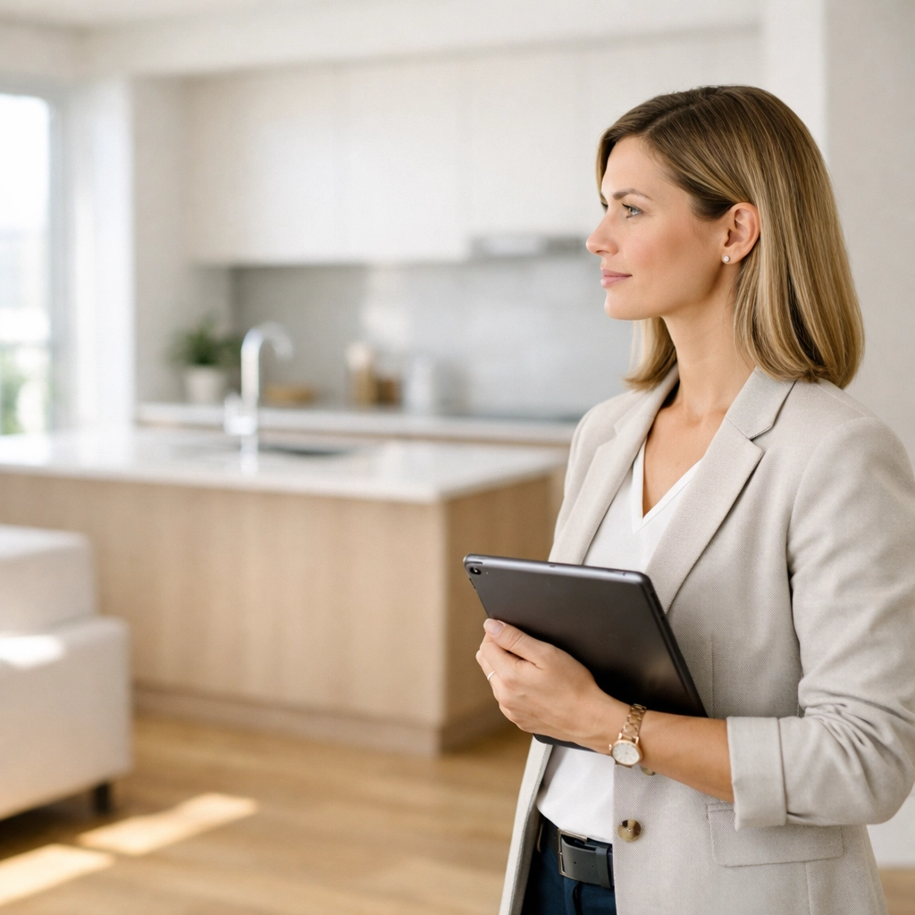Property manager performing a pre-move-out inspection in a modern apartment to reduce vacancy periods.