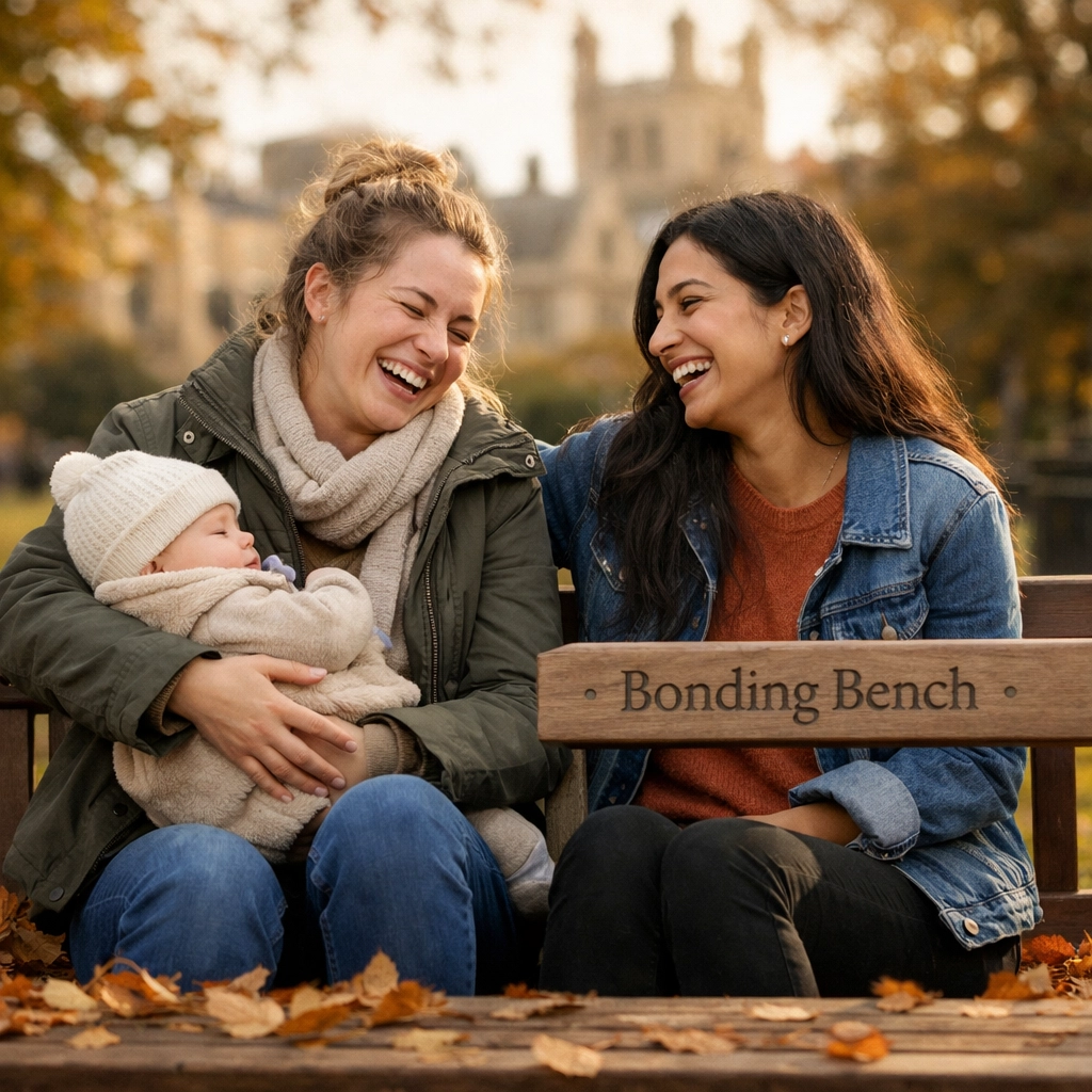 Two mothers connecting on bonding bench in English park, building community and reducing isolation