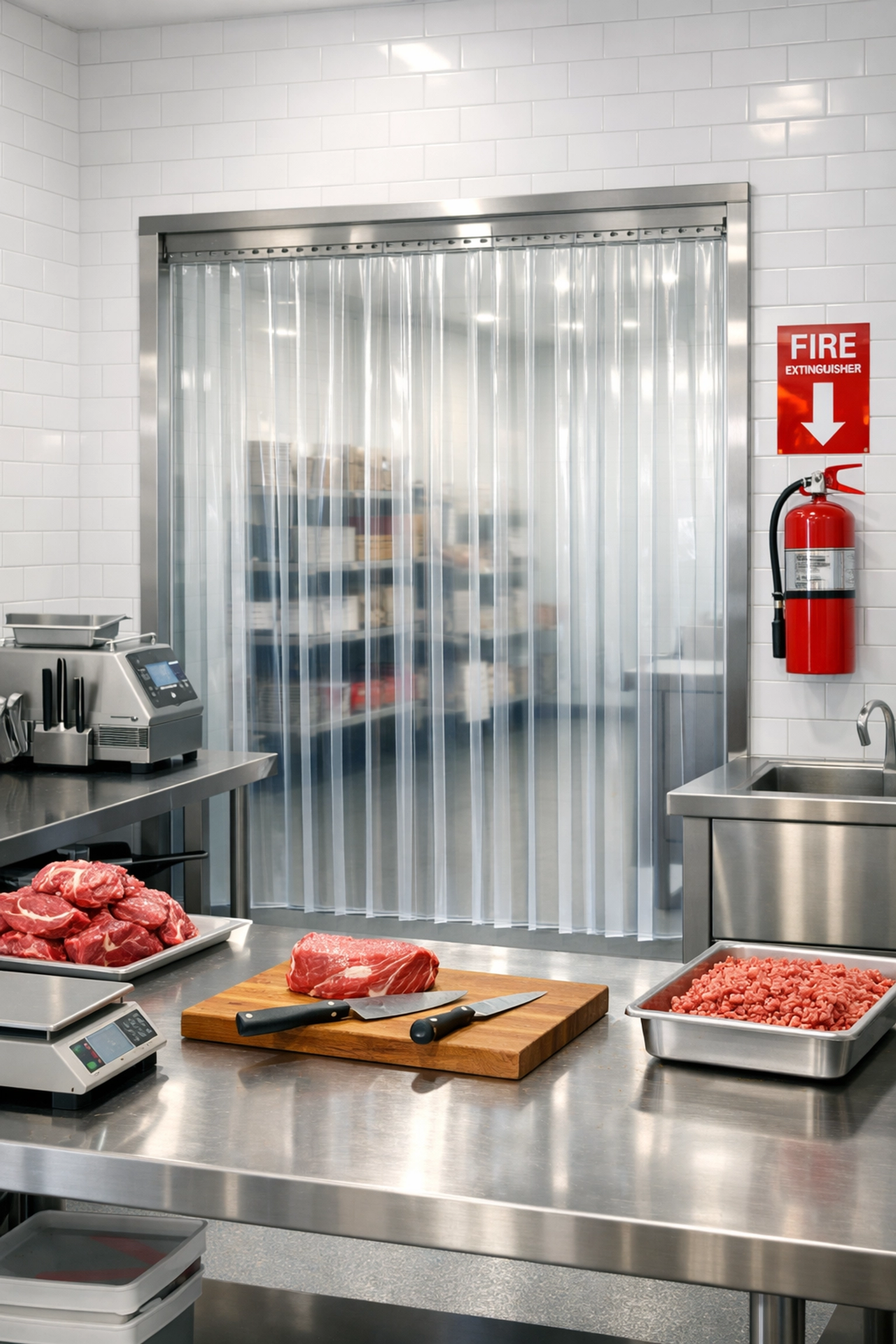 Pristine hygienic strip curtains separating a commercial deli prep area from cold storage for food safety.