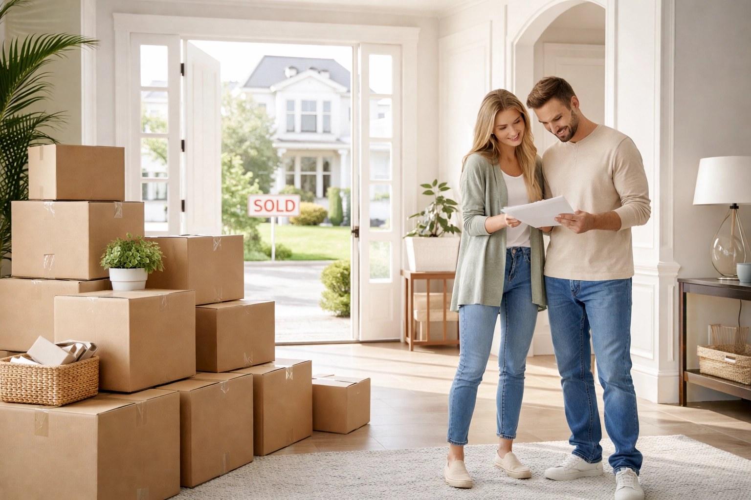 High-end moving day scene with neatly stacked boxes and a luxury home entryway, representing a smooth transition between homes