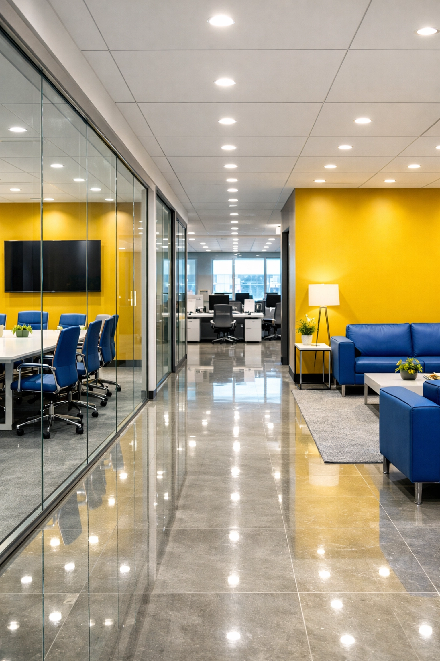 Sparkling office cleaning Marlborough results in a high-end corporate suite with glass walls and polished floors.