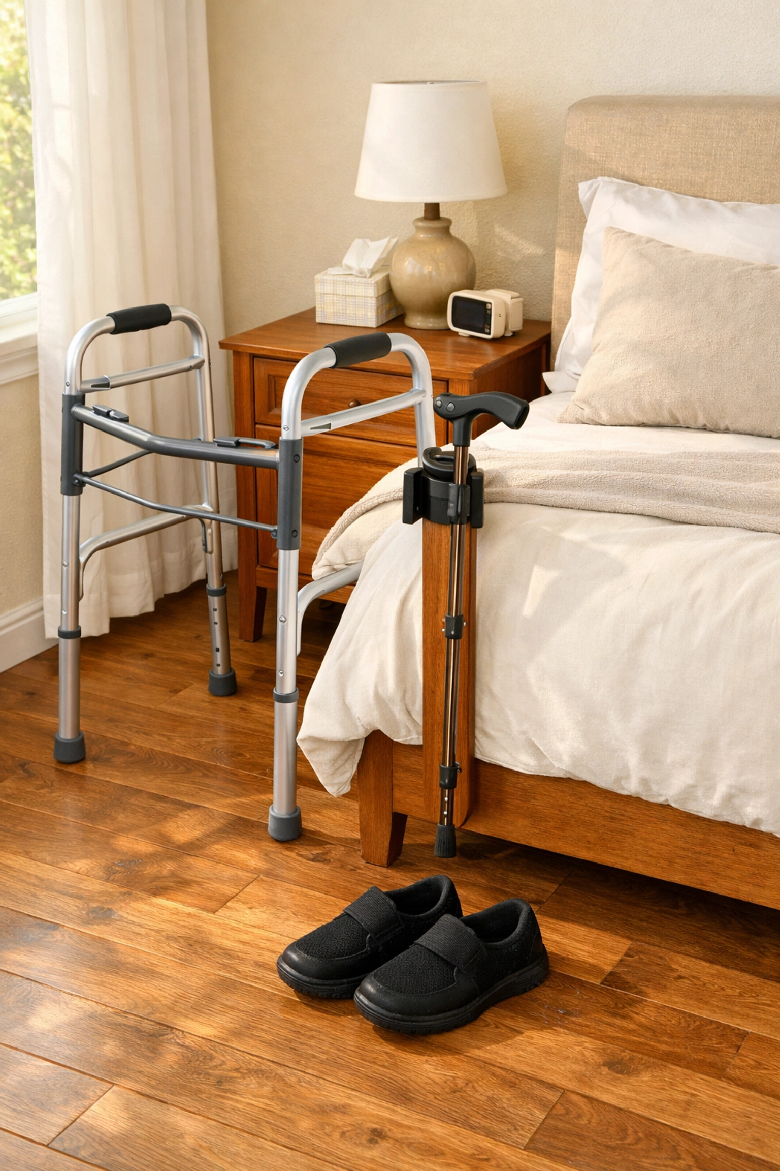 Walker and cane positioned within arm's reach beside bed for safe nighttime mobility