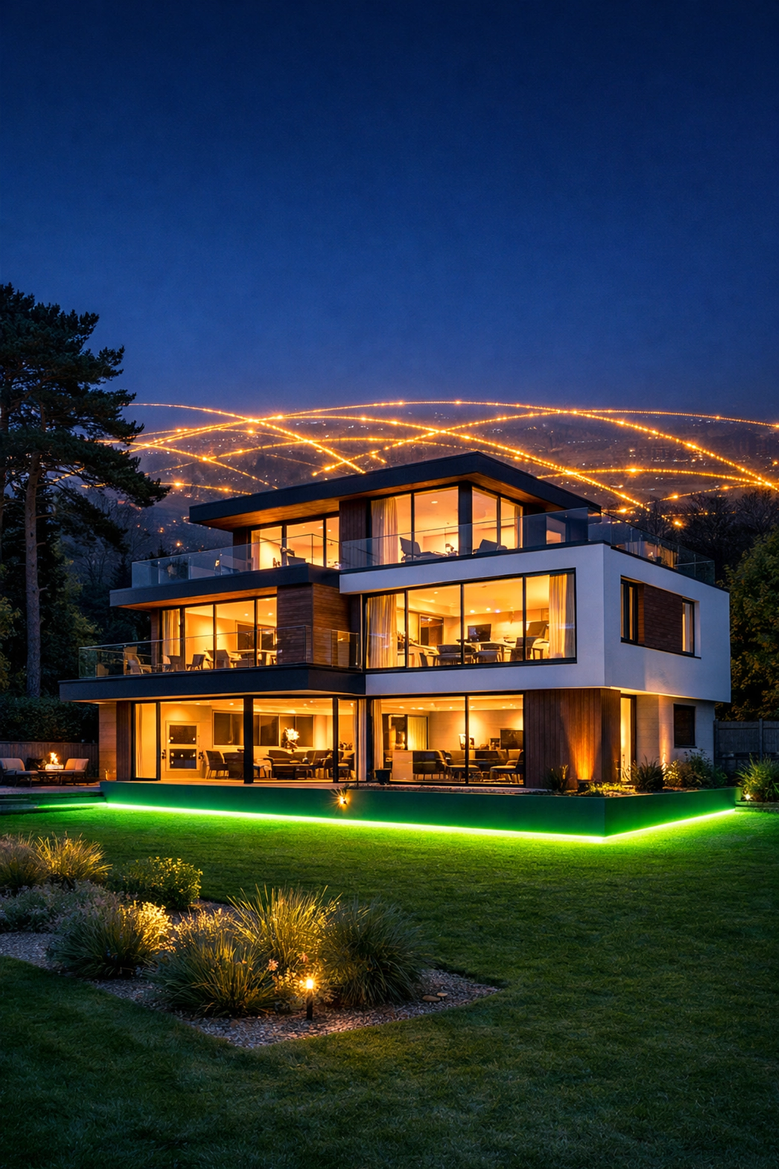 A modern Bournemouth home at twilight demonstrating energy independence from the global grid.