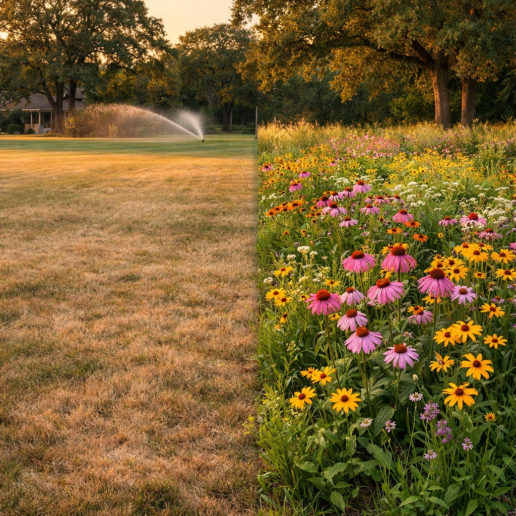 Comparison of traditional turf and native Michigan wildflowers in a low-maintenance landscape design.