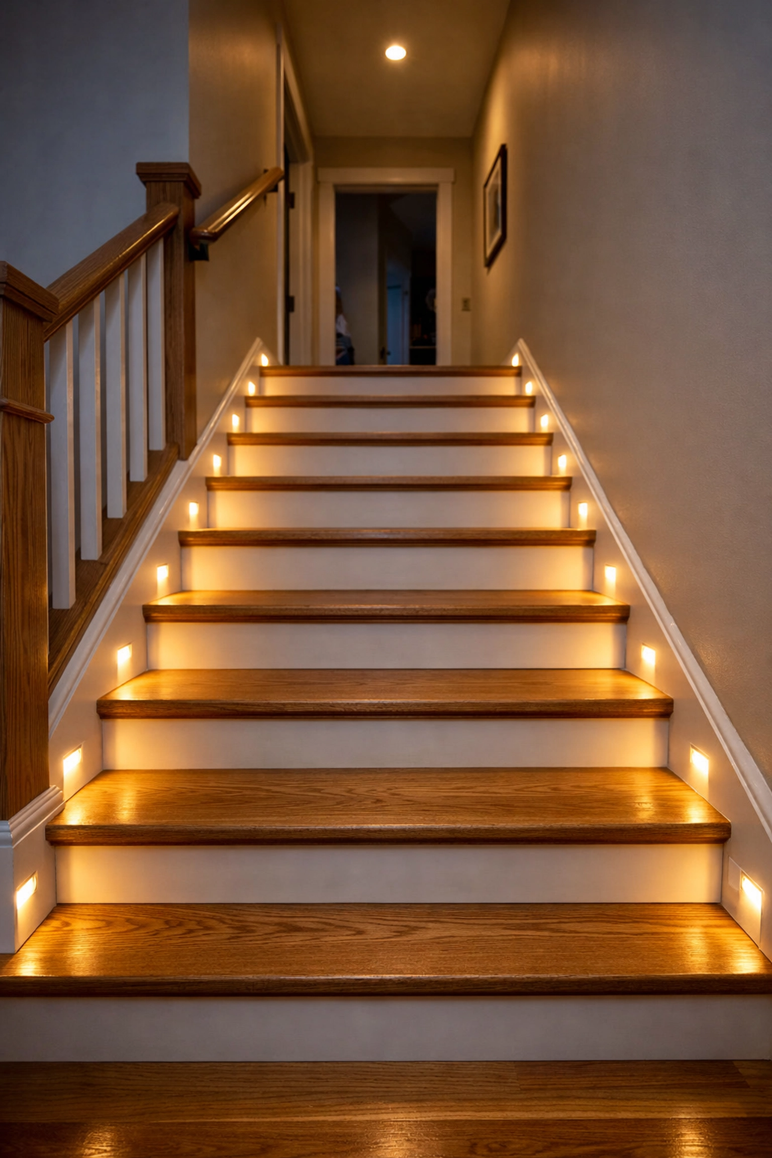 Modern staircase with motion-activated LED baseboard lighting for improved visibility and safety at night.