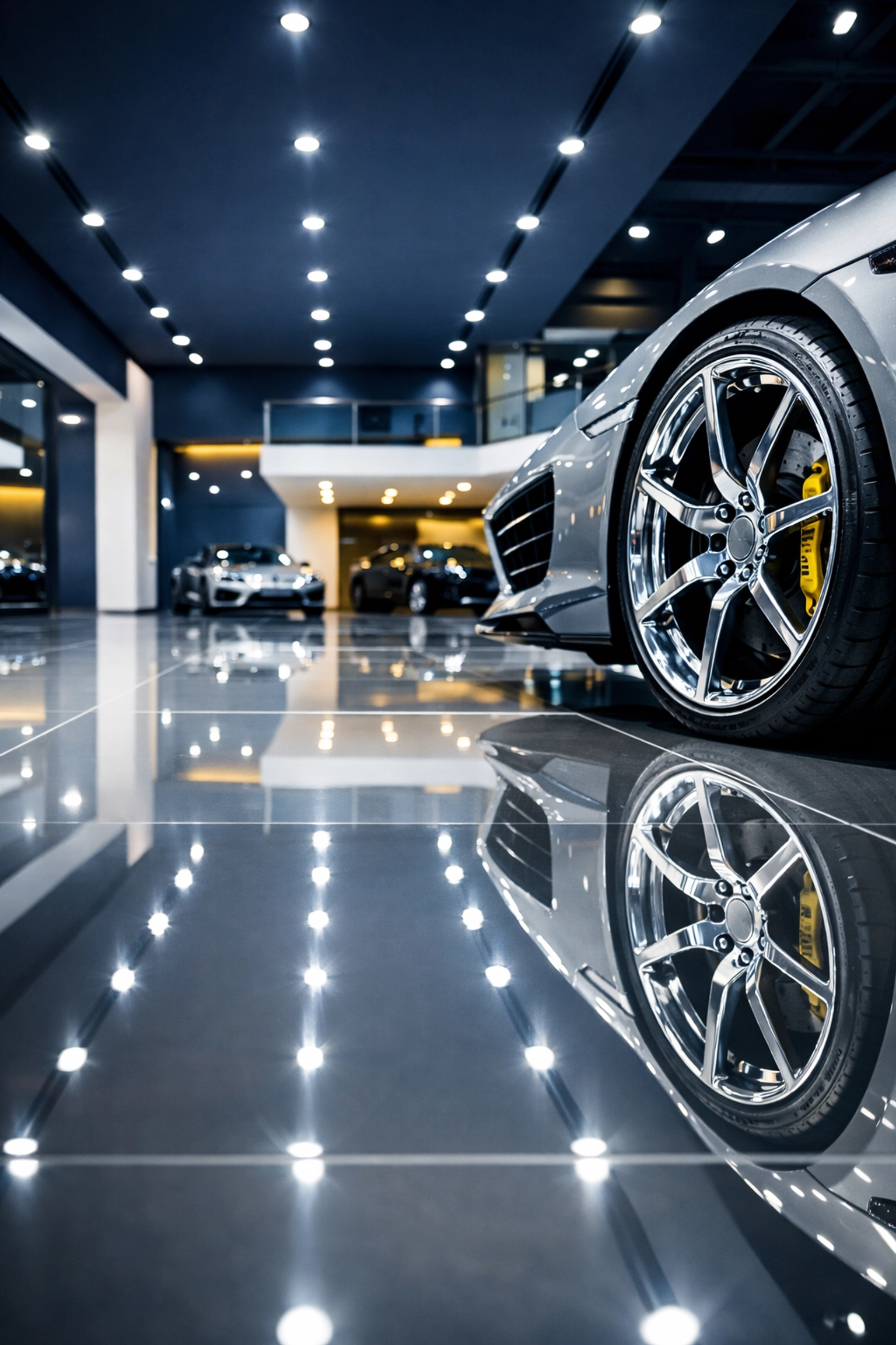 Luxury car reflection on a perfectly polished dealership floor showing showroom shine.