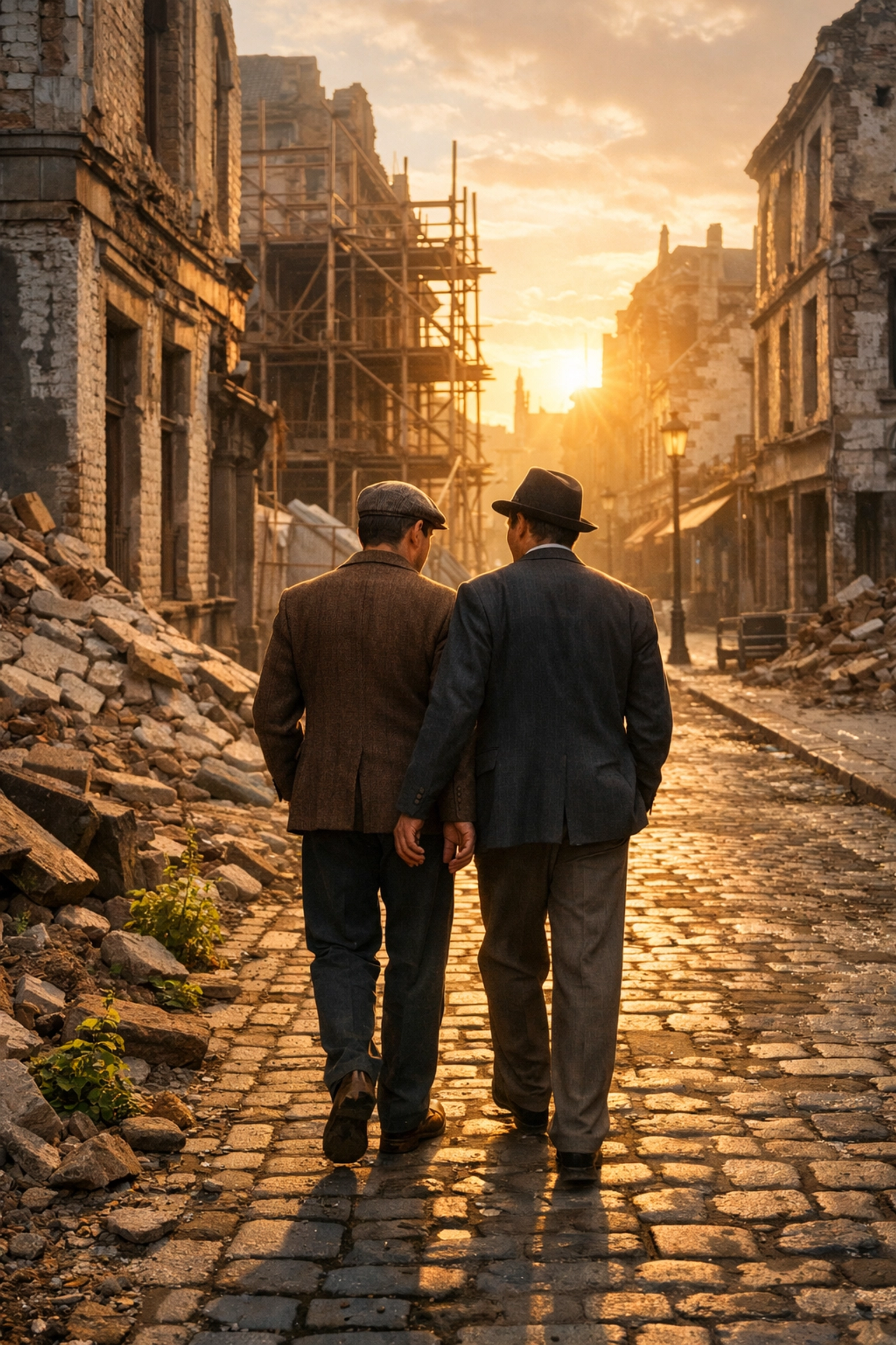 Gay couple walking through rebuilt European city street in post-war reconstruction era