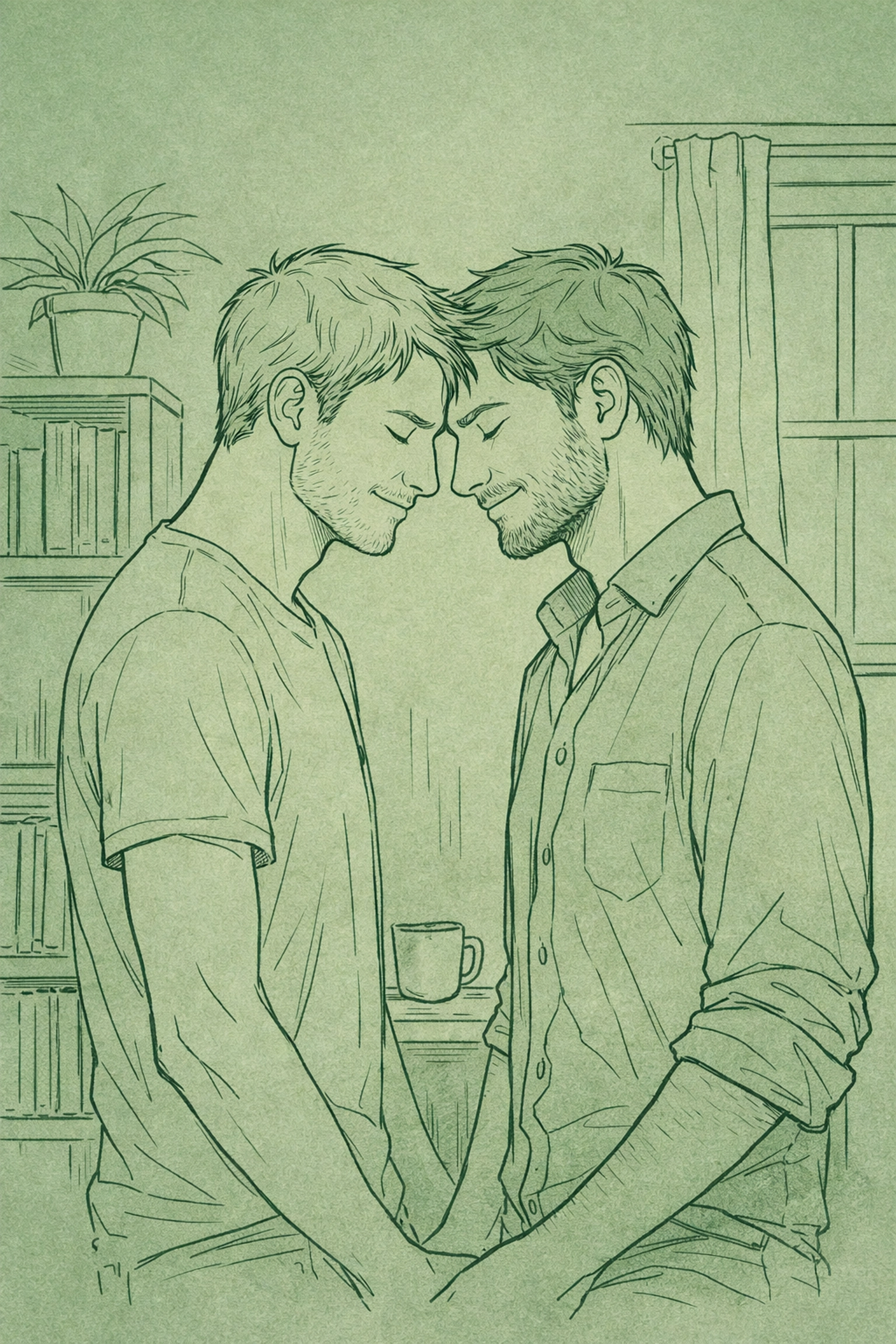 An intimate moment of connection between two men, illustrating self-acceptance and relief in emotional queer fiction.