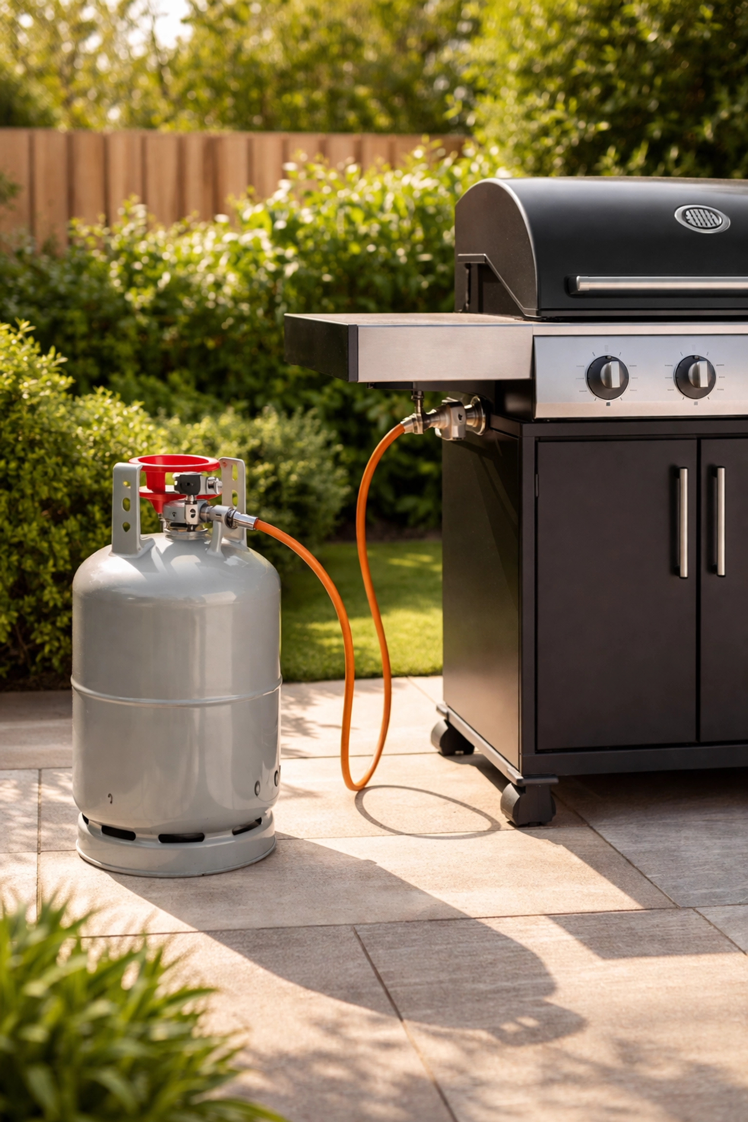 Propane gas bottle placed safely beside a barbecue grill on a garden patio, showing correct BBQ gas setup in the UK.