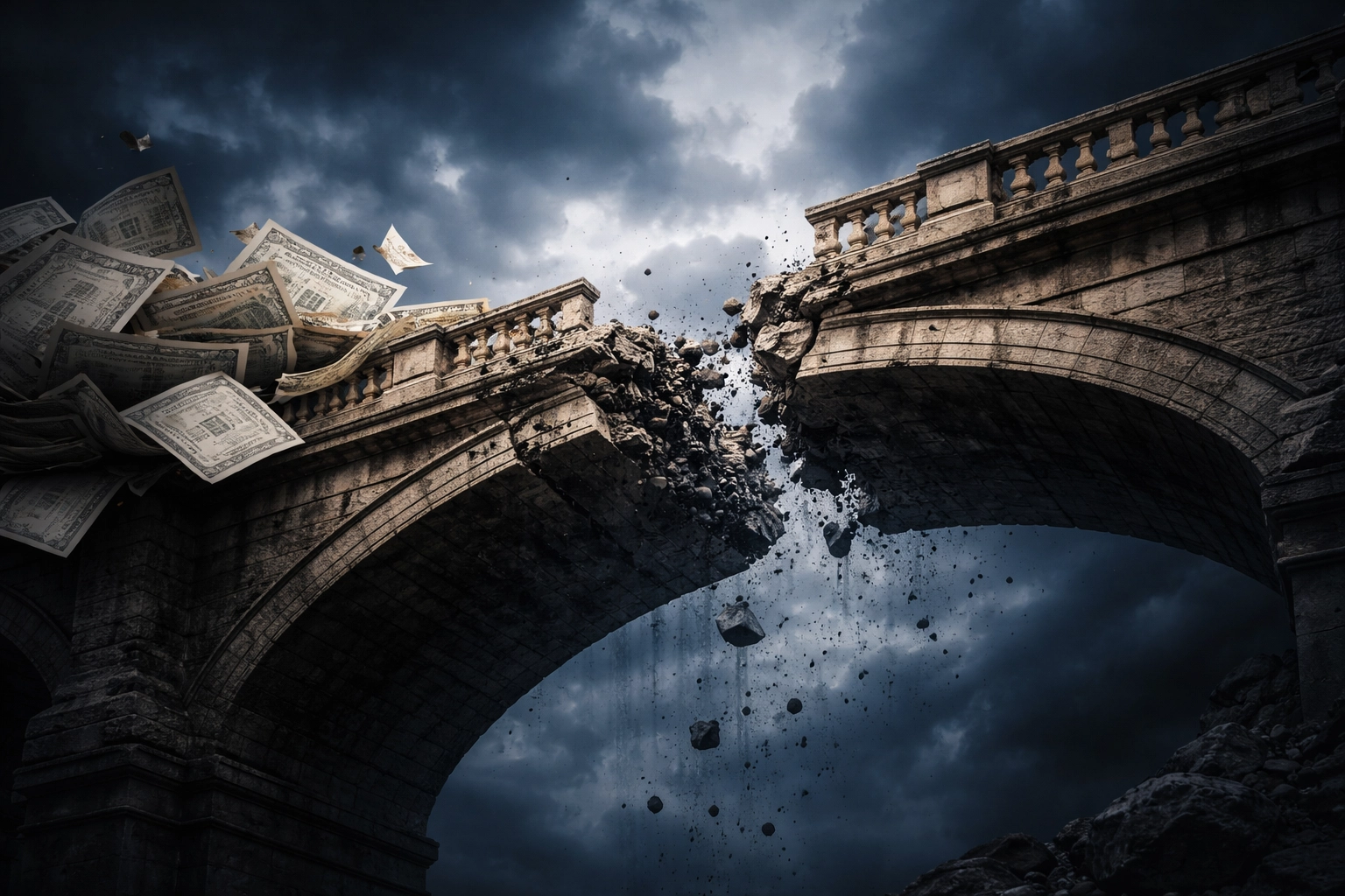 Crumbling stone bridge represents weakening traditional 60/40 investment model in volatile market conditions