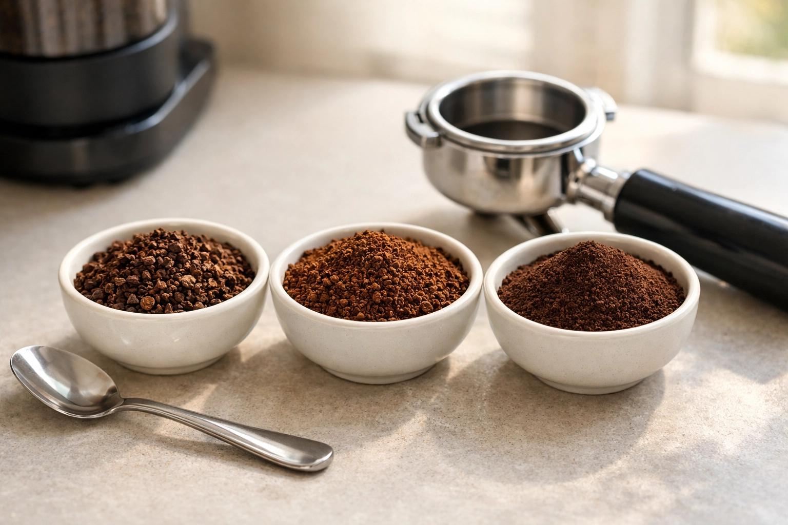 Different coffee grind sizes from coarse to fine used for mastering specialty coffee extraction.