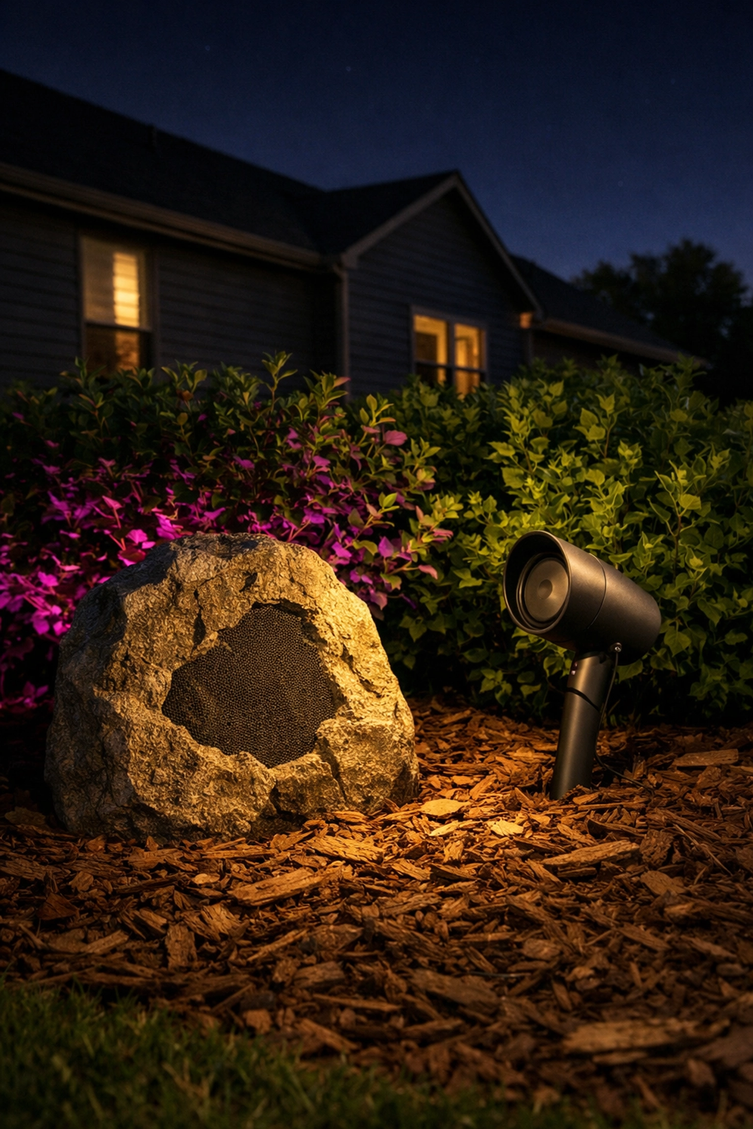 How to Integrate a Backyard Speaker System with Your Lexington Landscaping Rock speaker and directional satellite speaker integrated into a Lexington backyard landscape for outdoor audio.