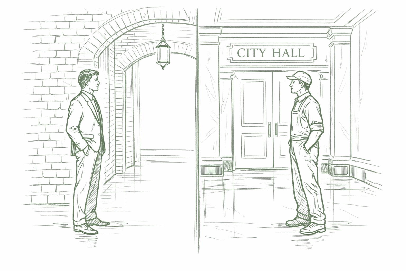 Two men face each other across City Hall corridor symbolizing class divide in MM romance