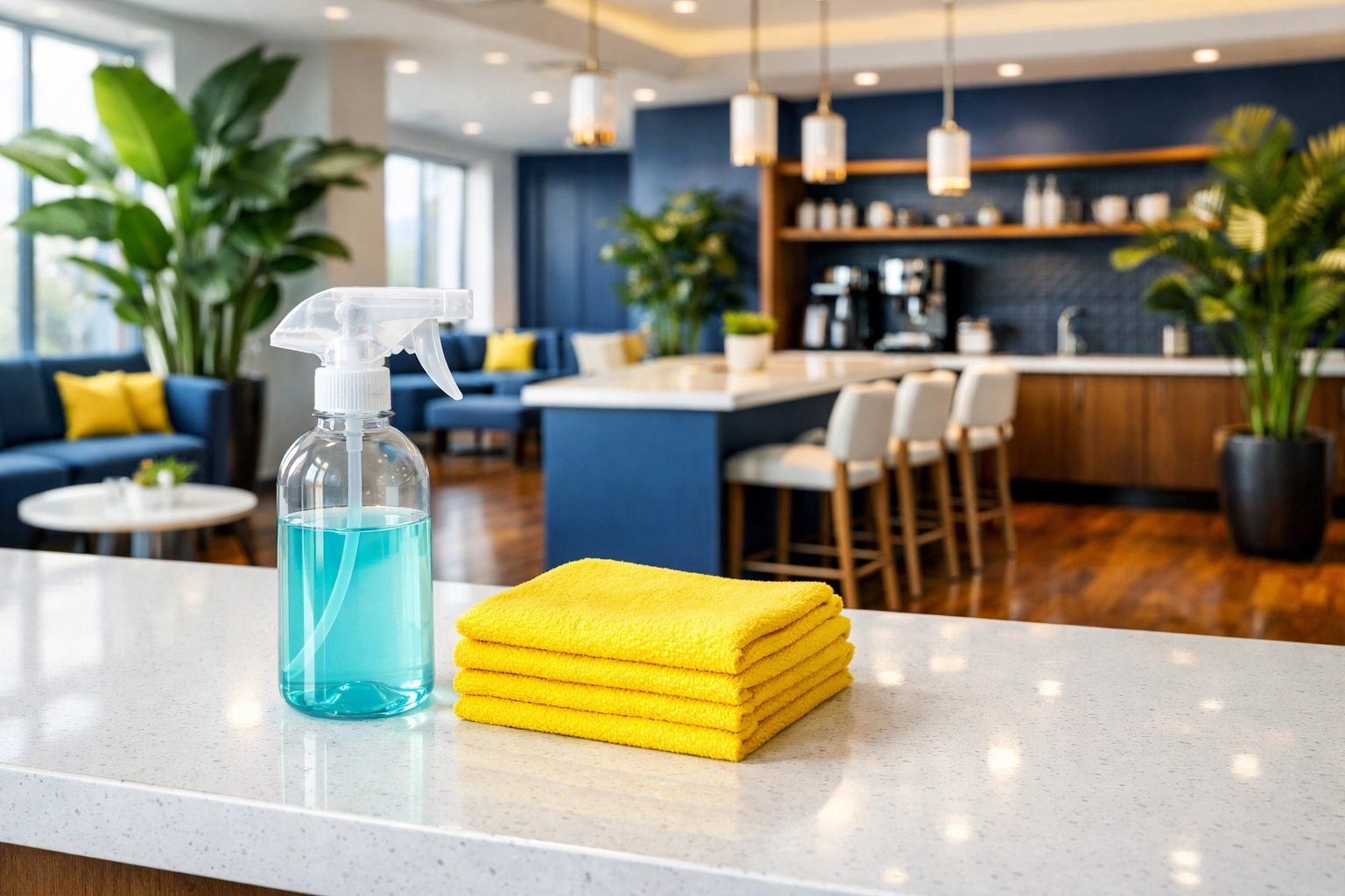 Eco-friendly commercial cleaning supplies in a modern Westford office breakroom.