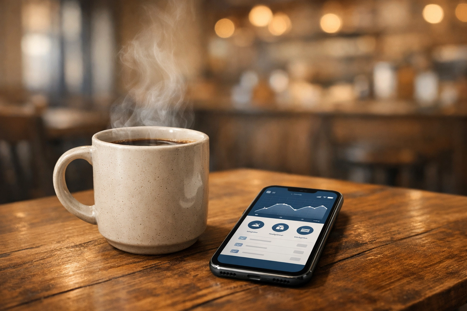 A smartphone on a cafe table illustrating the speed of an instant online loan application process.