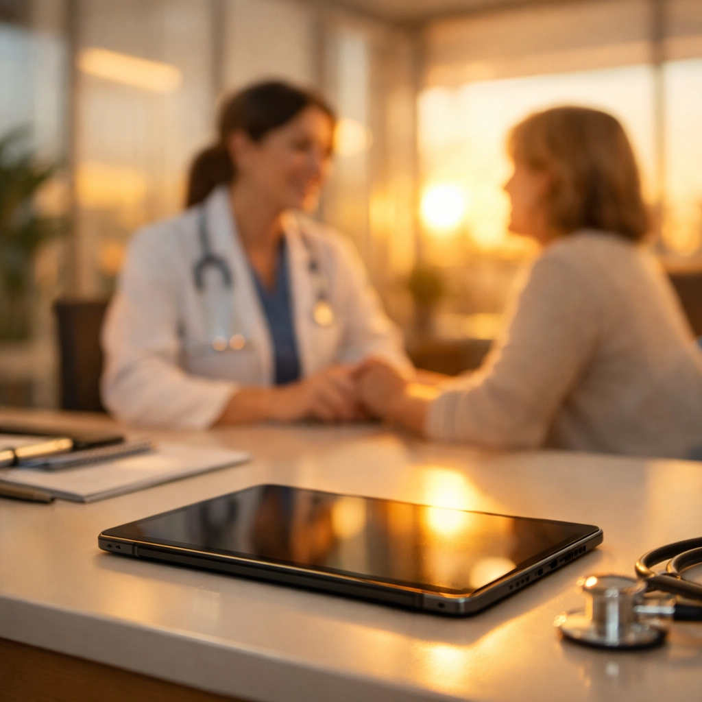 Modern medical clinic office with a digital tablet, showcasing advanced technology infrastructure.