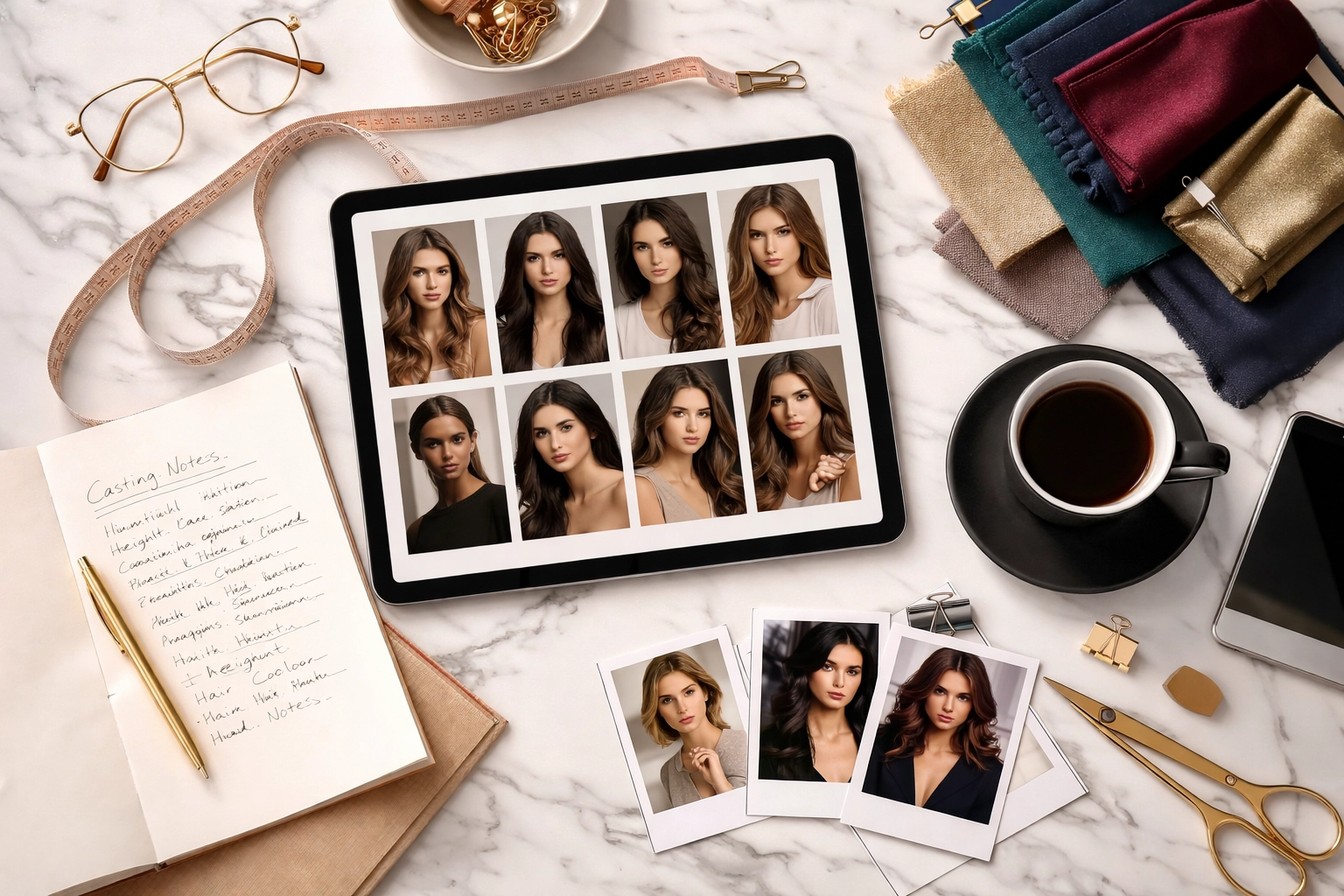 Designer’s preparation kit with model headshots, notes, and fabric swatches ready for fashion week casting.
